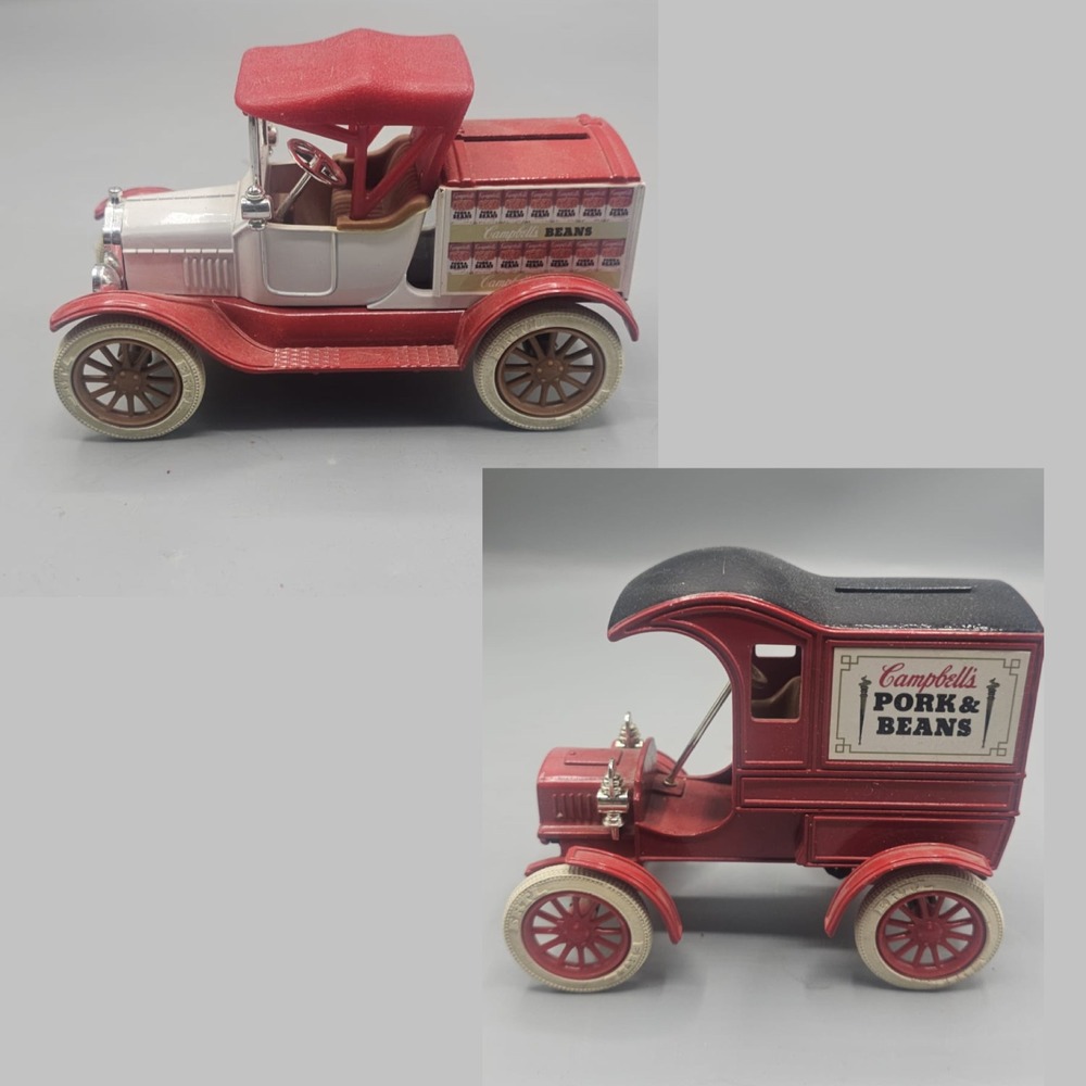 Lot of 2 ERTL Campbells Pork & Beans Die-Cast Metal Coin Bank Delivery Trucks